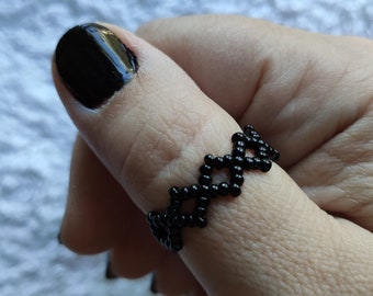 Diamond Shaped Black Beaded Ring