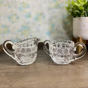Vintage Brilliant Cut Clear Etched Glass Creamer & Sugar Set - 1960s Floral Iridescent Pressed Glass Set w Creamer Pitcher, Open Sugar Bowl