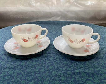 Vintage Anchor Hocking Set - 2 Teacups and 2 Saucers - Fleurette Pink Pattern - Vintage MCM Milk Glass