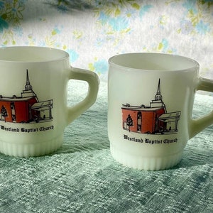 Set of 2 Vintage Fire King Stackable Milk Glass Mugs - Westland Baptist Church