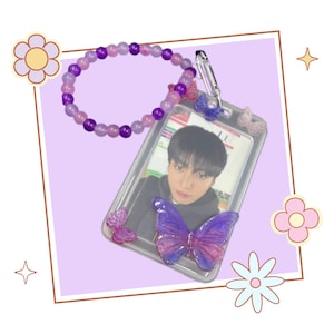 Porta-photocard de borboleta kpop, toploader rosa e roxo, chaveiro decorativo de resina com pingente de miçangas