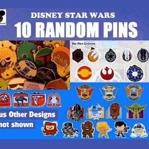 May include: A collection of Disney Star Wars pins. The image features a variety of character pins, including Darth Vader, R2-D2, and Yoda, along with Star Wars emblems. The text "10 Random Pins" is displayed prominently.