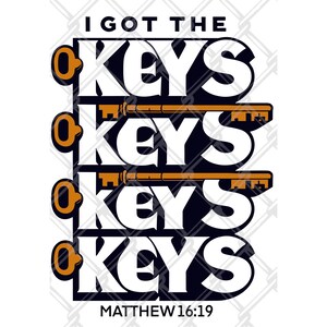 Op de afbeelding: Witte grafiek met de tekst "I got the keys" vier keer herhaald met een gouden sleutelgrafiek tussen elk woord. De tekst "Matthew 16:19" staat onderaan de grafiek.