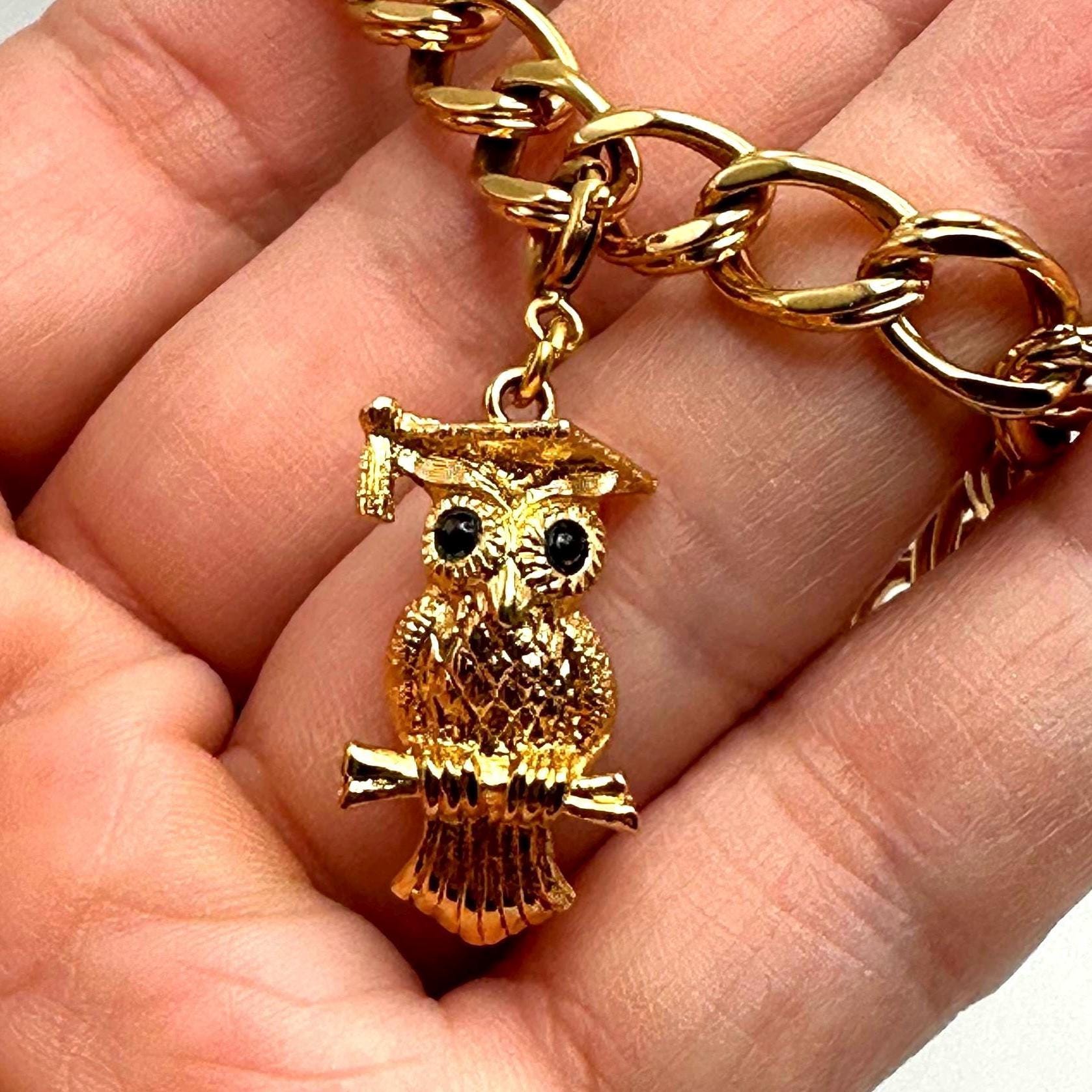 Vintage Monet Gold Owl Charm Bracelet: Pristine Curb Link Chain
