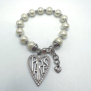 Vintage Brighton Sterling Silver Plated Charm Bracelet: Paris Heart and Pearl Beads