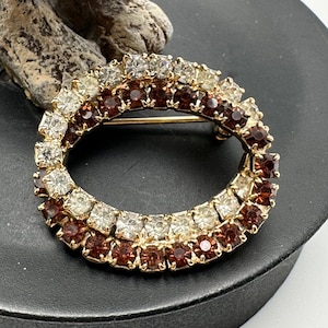 Vintage Gold Tone Rhinestone Brooch: Garnet & Clear White Stones
