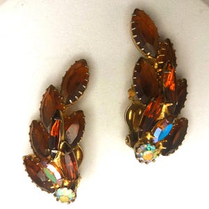 Vintage Golden AB Rhinestone Earrings, Vintage Aurora Borealis  Clip Earrings of Autumn, Beautiful Colorful Fall Earrings