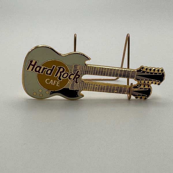 Vintage Hard Rock Cafe Double Neck Guitar Collectible Pin, HRC White/Gold Tone Souvenir Guitar Pin