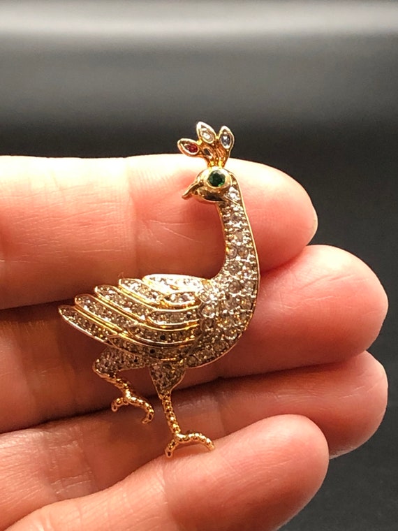 Vintage Rhinestone Peacock Brooch, Antique Peacoc… - image 3