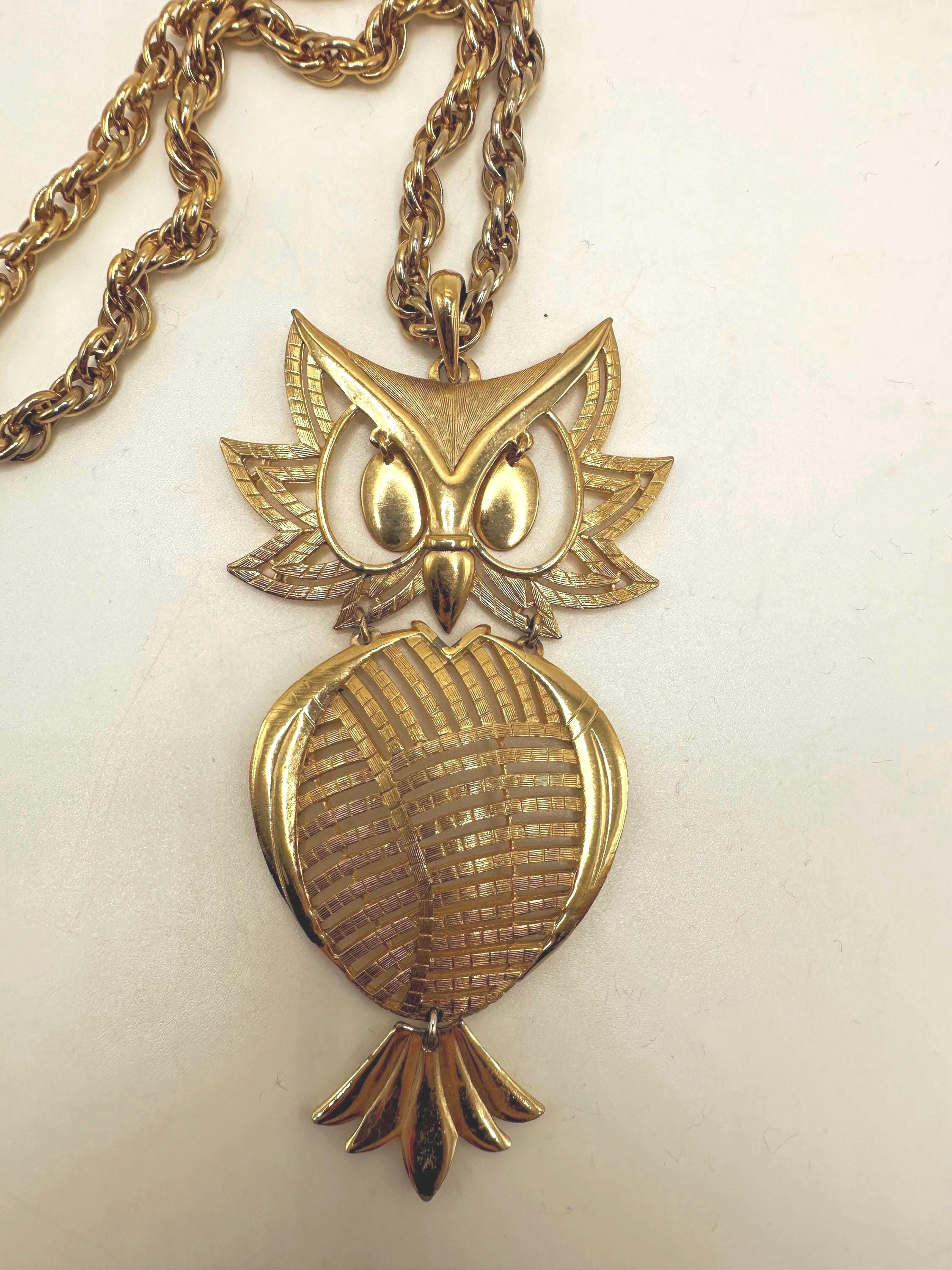 Vintage Gold Tone Owl Necklace:  Chunky, Signed, Articulated
