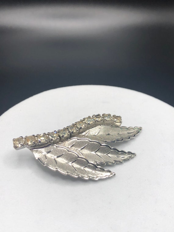 Vintage Silver Leaf Brooch, Rhinestone Leaf Brooc… - image 4