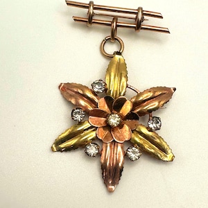 Vintage Gold Filled Flower Brooch: Sterling Bar Pin with Rhinestones