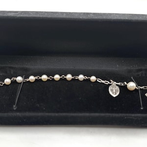 Vintage Sterling Silver Pearl Rosary Bracelet with Cross & Virgin Mary Charms