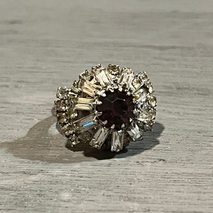 Vintage Silver Tone Rhinestone Ring: Ornate Purple Stone Statement