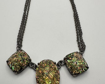Vintage Confetti Beads Necklace Gunmetal Chain, Shiny Faceted Plastic Confetti Beaded Necklace