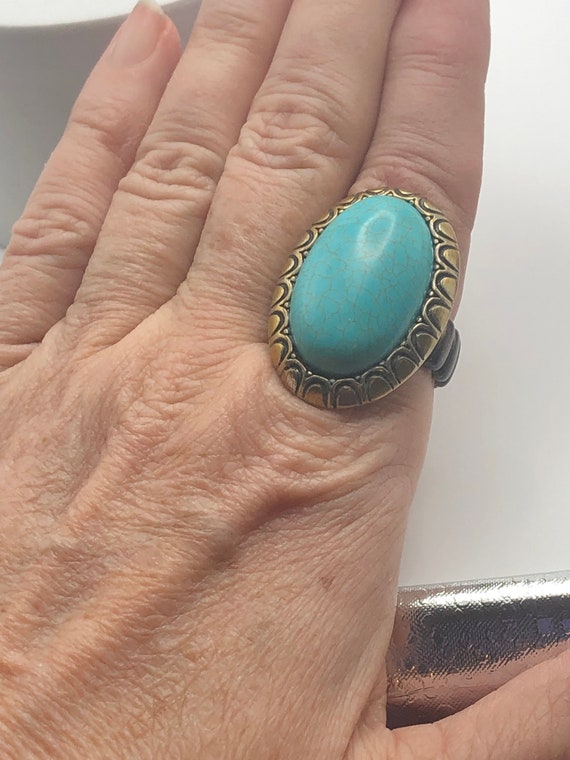 Turquoise Ring, Vintage Large Oval Faux Turquoise… - image 1