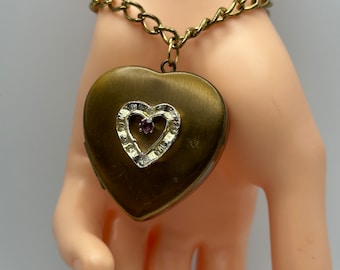 RARE 1950's Heart Shaped Music Box Photo Locket in Brass, MCM charm bracelet with Heart Musical and Rhinestones