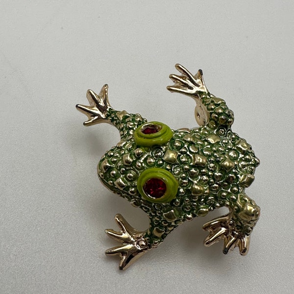 Frog Brooch, Vintage Gold Tone Green Frog Pin Red Rhinestone Eyes, Frog Fashion Jewelry