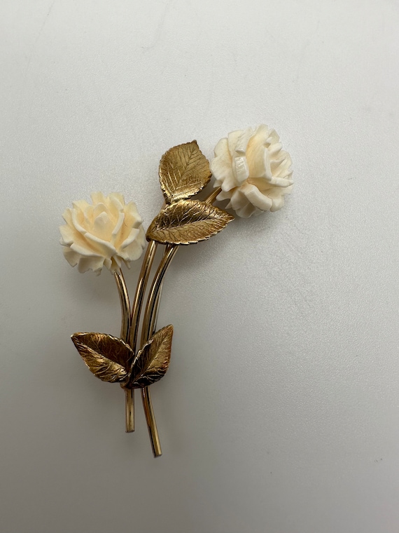 KREMENTZ Carved Bone Roses/Flowers Brooch, 14k He… - image 1