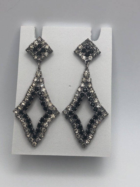 Vintage Rhinestone Dangle Earrings, Black Rhinesto