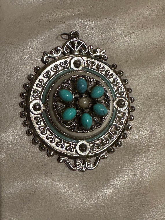 Vintage Large Ornate Faux Turquoise Pearl Silver P