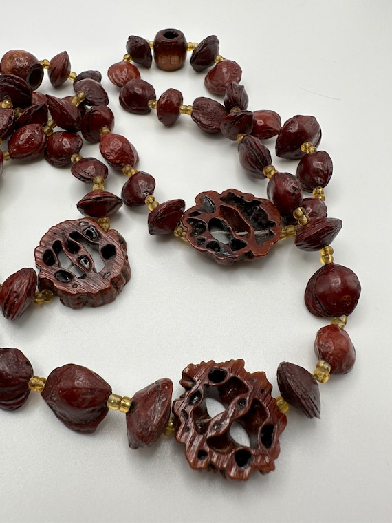 Tribal Seed Necklace, Carved Nut Shell and Seed V… - image 1