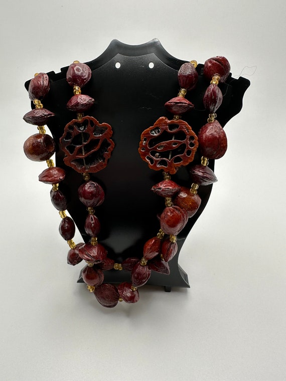 Tribal Seed Necklace, Carved Nut Shell and Seed V… - image 3