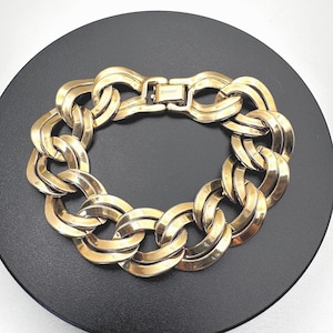 Vintage Monet Gold Tone Curb Chain Bracelet: Chunky Double Link Wide Statement Jewelry