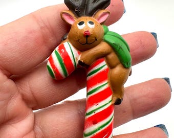 Vintage Rudolph Reindeer Brooch: Red Nose, Candy Cane, Gold Tone