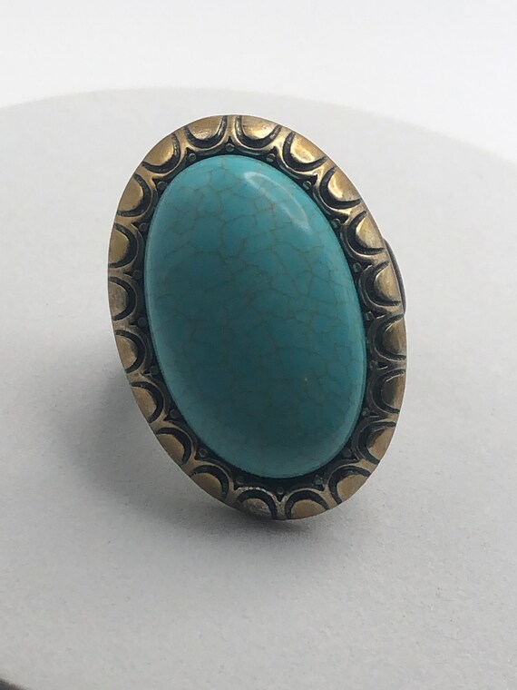 Turquoise Ring, Vintage Large Oval Faux Turquoise… - image 2