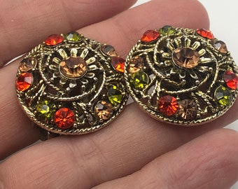 Vintage MCM rhinestone clip earrings, brown orange, green, rhinestone earrings, Vintage bling, gold earrings, beautiful vintage earrings
