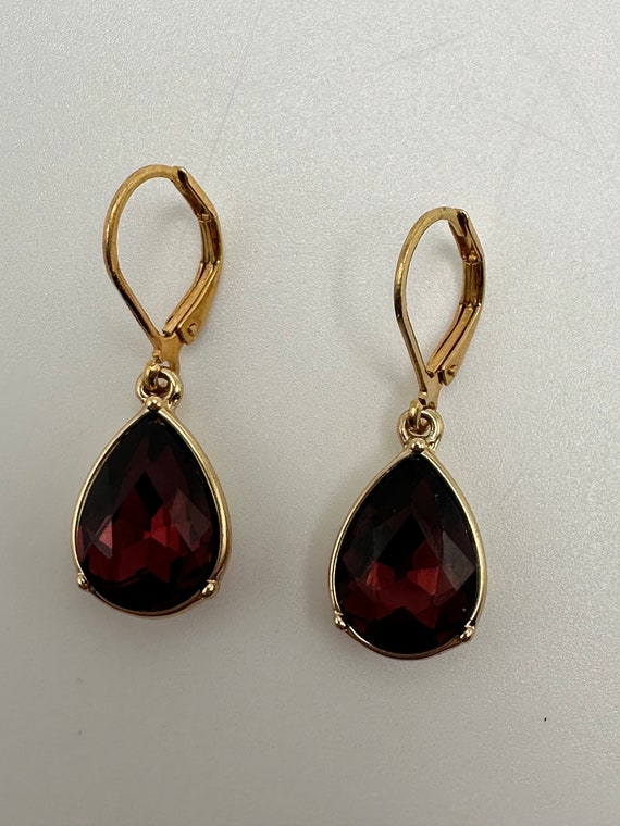 Pear Shaped Garnet Colored Dangle Pierced Earring… - image 3