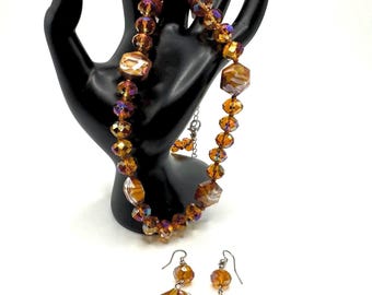 Vintage Aurora Borealis Glass Jewelry Set: Beaded Necklace & Dangle Earrings