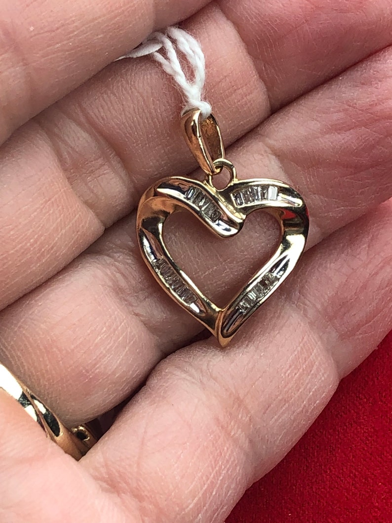 Diamond Heart 10K Gold Necklace With 925 Chain, Vintage Real Diamond