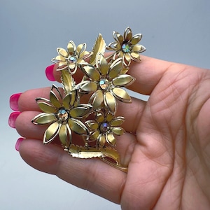 CORO Flowers Brooch, Large Vintage Coro Rhinestone Five Flower GoldTone Brooch, 3-D Open Cut Petals with Aurora Borealis, Designer Brooch