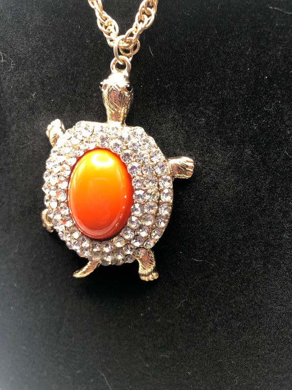 Turtle Bling Necklace, Gold Vintage Rhinestone Nec
