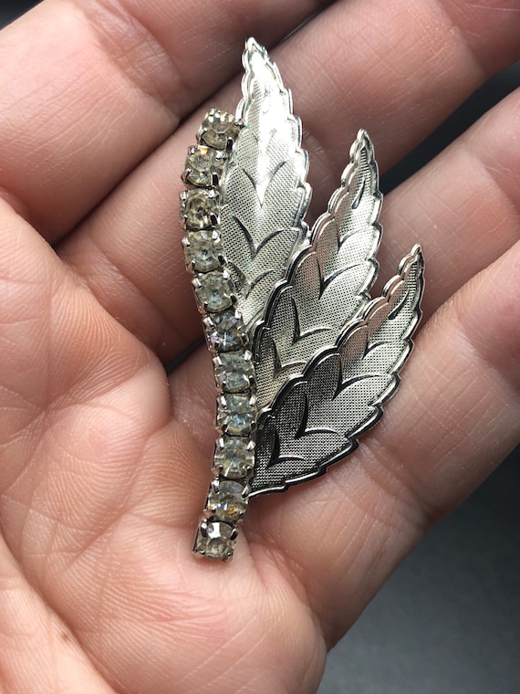 Vintage Silver Leaf Brooch, Rhinestone Leaf Brooc… - image 2