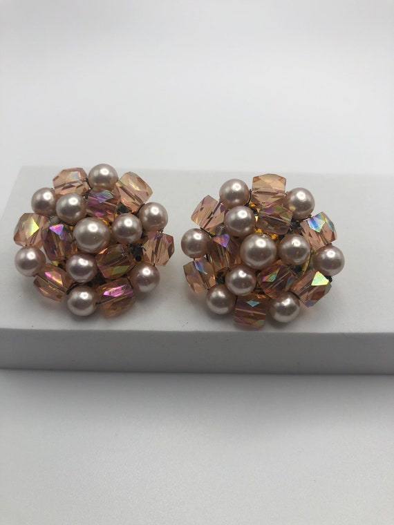 Vintage Pearl Crystal Beaded Earrings, Pink Purpl… - image 1
