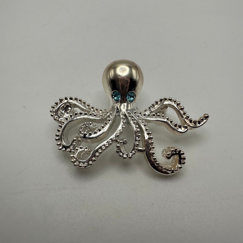 Gyn&Joy Octopus Brooch Pin - Antique Silver Tone With Blue/Green Crystal Rhinestones - View #12