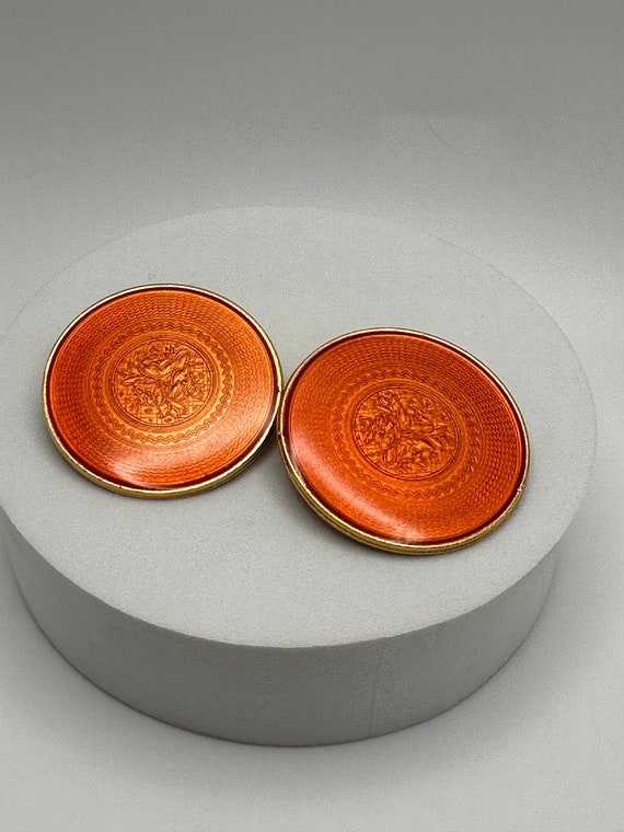 Orange Earrings, 1930’s Art Deco Guilloche Round O