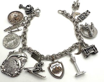 Bracelet Charm Voyage Vintage - Argent 925, émail Bleu, Thème USA, Longueur 16,5 Cm (6 1/2")