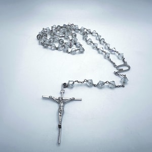 Vintage Silver Crystal Rosary Necklace, Vintage Silver Tone Rosary with Crucifix, Estate Adult Aurora Borealis Faceted Crystal Prism Rosary
