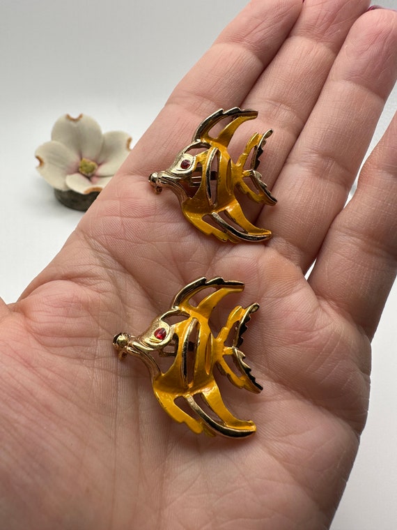 Vintage Pair Gold Tone Angelfish Brooches, Two Yel