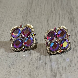 Rare Coro Aurora Borealis Clip On Earrings: Vintage AB Rhinestone