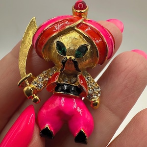 Vintage Jomaz Asian Warrior Brooch: 1960s Enamel Rhinestone Thief of Baghdad