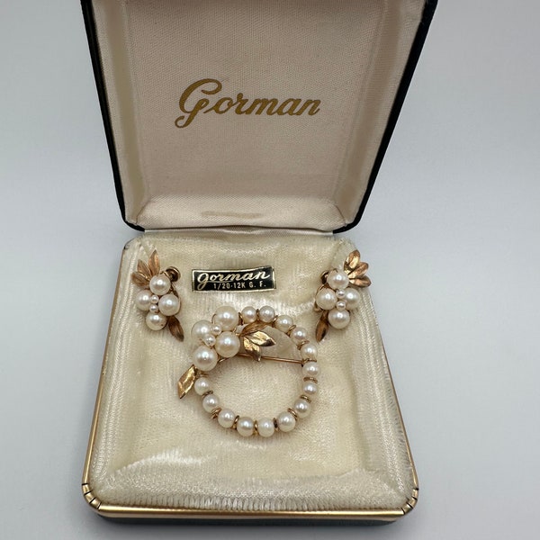 Vintage Gorman 12K Gold Filled Cultured Pearl Demi-Parure Set, Authentic Pearl Floral Screwback Earrings and Circular Pearl Brooch Set