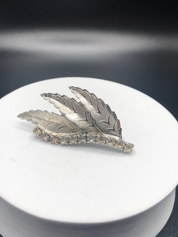 Vintage Silver Leaf Brooch, Rhinestone Leaf Brooc… - image 1