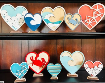Coastal Hearts, Beach Decor, Nautical, Shore decor, Beach theme, Crab, Starfish, Wave