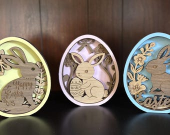 Layered Wood Easter Egg Bunny Decor, Hand-Painted Spring Shelf Sitter