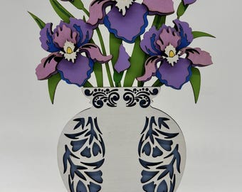 3D Wood Iris Flowers, Mother's Day, Laser-Cut Spring Vase Decor, Spring Decor